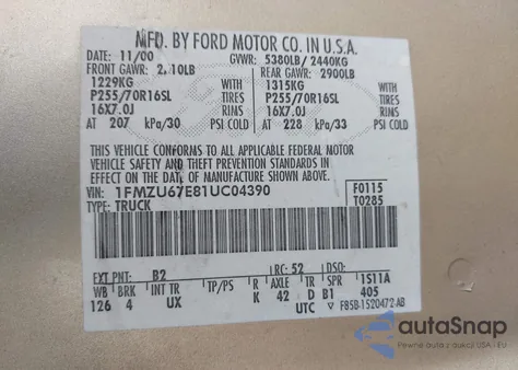 2001 Ford Explorer Sport Trac z USA, uszkodzony, nr VIN 1FMZU67E81UC04390